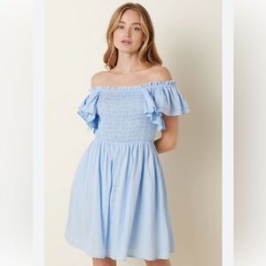 Altar’d State Light Blue Smocked Stretch Ruffle Short Sleeve Dress